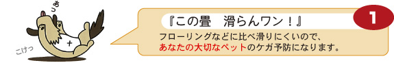 【1】『この畳　滑らんワン！』：フローリングなどに比べ滑りにくいので、あなたの大切なペットのケガ予防になります。